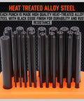 Transfer Punch Set 28-Piece displayed on orange stand, each made of heat treated alloy steel with black oxide finish for durability.