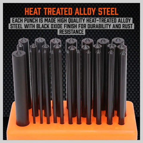Transfer Punch Set 28-Piece displayed on orange stand, each made of heat treated alloy steel with black oxide finish for durability.
