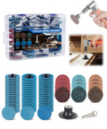 77 Pack 2 Inch Zirconia Sanding Discs With 1 Quarter Inch Roll Lock Quick Change System displayed with die grinder.