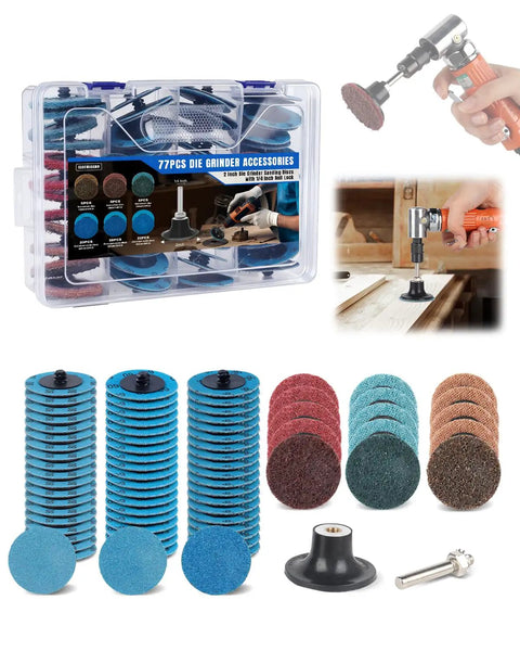77 Pack 2 Inch Zirconia Sanding Discs With 1 Quarter Inch Roll Lock Quick Change System displayed with die grinder.