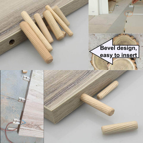 Pro Grade Wooden Dowel Pin Set With Straight Grooves And Beveled Tapered Ends, installation in furniture joint