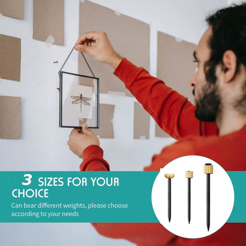 Person hanging a picture with a 75 Piece Picture Hanging Nails Set In Three Sizes Small Medium Large With Brass Head And Black Steel Finish