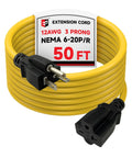 Heavy Duty 50 Feet 12/3 SJTW Outdoor Extension Cord NEMA 6 20 P R 20A 250V Yellow 12 Gauge Copper Power Cable For Indoor And Outdoor Use Tools And Equipment Weatherproof And Rugged T Blade Female Connector, coiled with plug and receptacle