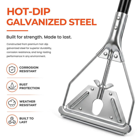 Close-up of built tough commercial wet mop handle metal clamp head made of hot-dip galvanized steel for durability.