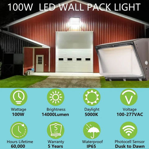 100W LED Wall Pack Light in use on barn wall showcasing brightness and specs including photocell sensor dusk to dawn.