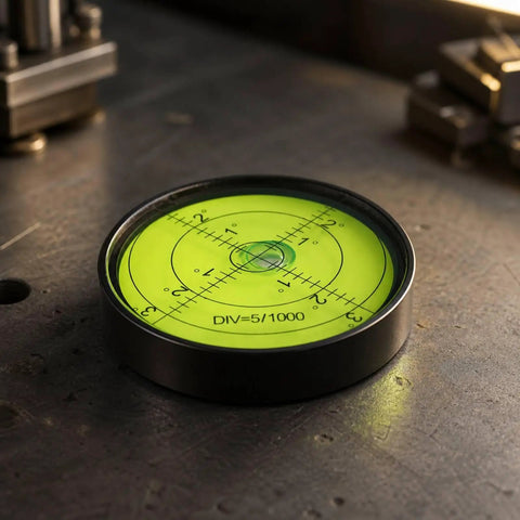 Qianly Bubble Level with Degree Markings Metal Circular Spirit Level Compact for Home Improvement Hobbyists, Turntable Alignment, Black Shell, Green Liquid, 60x12mm on a workspace.