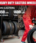 Three Inch Heavy Duty Casters Set Of Four Featuring Polyurethane Tread On Cast Iron Core, dual swivel rollers plus two locking brakes, used for lifting heavy tires.