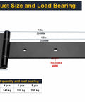 Diagram of Industrial Strength 12 Inch T Strap Gate Hinges 4mm Thick 180 Degree Swing dimensions and load bearing capacity.