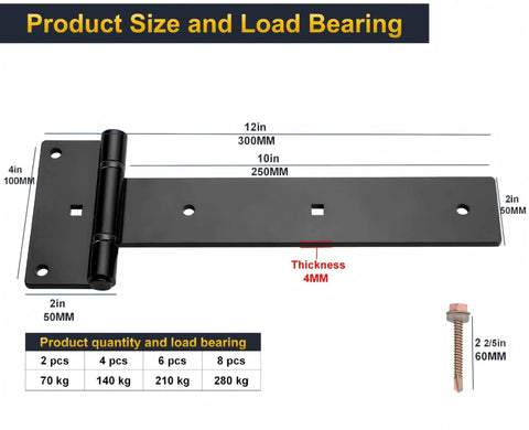 Diagram of Industrial Strength 12 Inch T Strap Gate Hinges 4mm Thick 180 Degree Swing dimensions and load bearing capacity.