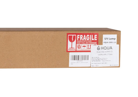 Box packaging for 40W UV Replacement Bulb For OWS Water Purification Systems, label with fragile warning and product details visible.