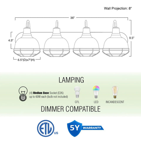 36-Inch 4-Light Modern Industrial Vanity Light With Metal Cage Shades In Brushed Nickel Finish, schematic diagram with dimensions
