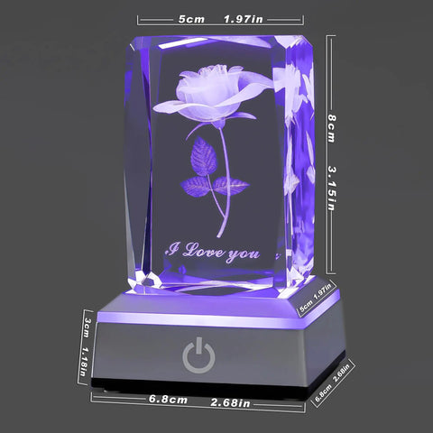 3D Rose Crystal Night Light Best Mom Gift Ever For Mom Or Wife From Daughter Or Son With Ultra Clear Crystal And 3D Laser Engraving Unique Anniversary Birthday Deco Lamp showing rose and 'I Love You' engraving on LED base