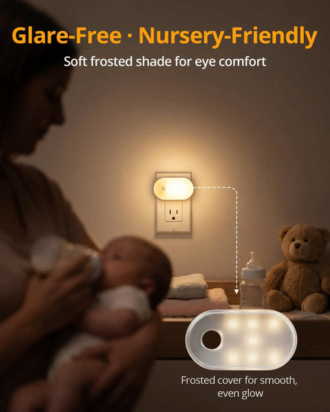 Plug In Night Light With Motion Sensor, Stepless Brightness From 1 To 120 Lumens, in a nursery with soft glow for eye comfort
