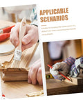Hands using a brush and measuring tool in woodworking, illustrating applicable scenarios for Stainless Steel Dowel Pin Set Five Pack With Dowel Center Transfer Plugs In 6Mm 8Mm 10Mm And 12Mm For Precise Hole Alignment And Rock Solid Joints In Furniture Making And Woodworking Projects.