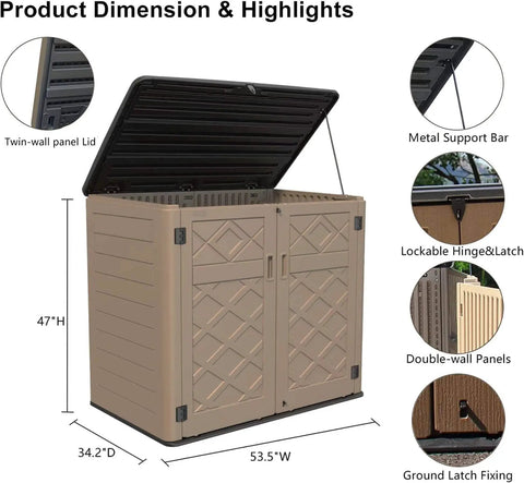 Heavy Duty Outdoor Storage Cabinet For Backyards And Patios Weather Resistant Horizontal Shed With 48 Cu Ft Great For Lawn Mower And Patio Gear All Weather Resin Construction That Will Not Bend Or Break, with dimensions and feature highlights.