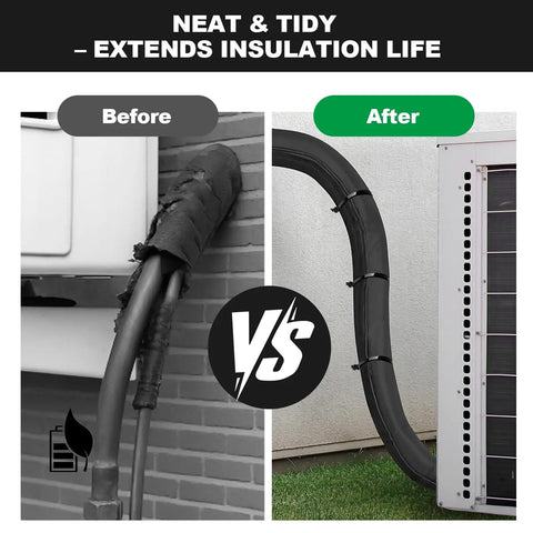 Before and after of Three Layer HVAC Copper Pipe Insulation Cover for Outdoor AC Lines showing improved protection and neat appearance.