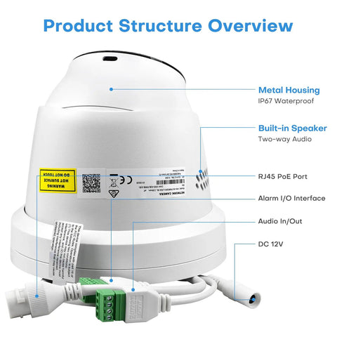 4MP Full-Color Night Vision PoE Turret Camera With 4mm Lens structure overview, showcasing ports and built-in speaker labels