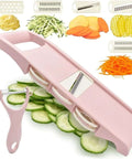 Pink NACOLUS 5-in-1 mandoline slicer with blades and peeler for vegetables
