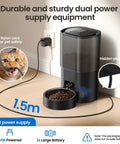 Smart Automatic Pet Feeder And Water Fountain For Cats And Dogs With Wifi App Control And Voice Recorder showing dual power supply with nylon cord for pet safety.