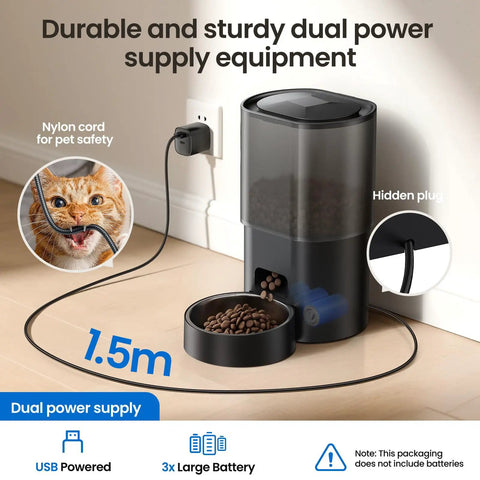 Smart Automatic Pet Feeder And Water Fountain For Cats And Dogs With Wifi App Control And Voice Recorder showing dual power supply with nylon cord for pet safety.