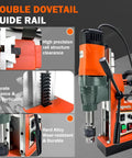 Powerful 1550W Magnetic Drill Press With 3102 Lbf Holding Power For Core, Tapping And Drilling, Portable 2 Inch Boring Diameter Metalworking Machine, 760 RPM Magnetic Drilling Tool For Fast, Heavy Duty Metal Work showing the double dovetail guide rail.