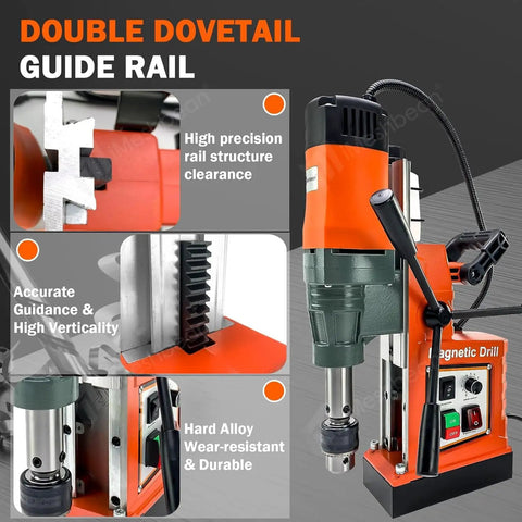 Powerful 1550W Magnetic Drill Press With 3102 Lbf Holding Power For Core, Tapping And Drilling, Portable 2 Inch Boring Diameter Metalworking Machine, 760 RPM Magnetic Drilling Tool For Fast, Heavy Duty Metal Work showing the double dovetail guide rail.