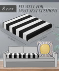 Eight Pack Striped Patio Cushion Covers For Outdoor Furniture Elastic Slipcovers Fit Most Cushions 20 To 27 Inches Long And Wide 2 To 7 Inches Thick Breathable Thin Fabric Black White displayed on a sofa.
