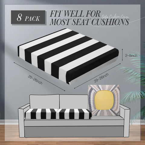 Eight Pack Striped Patio Cushion Covers For Outdoor Furniture Elastic Slipcovers Fit Most Cushions 20 To 27 Inches Long And Wide 2 To 7 Inches Thick Breathable Thin Fabric Black White displayed on a sofa.