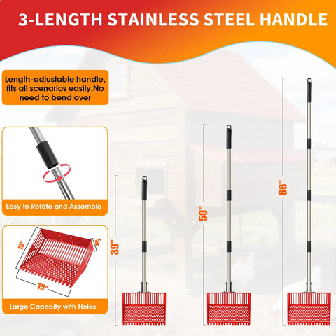 3-length stainless steel handle for 2-In-1 Chicken Poop Scooper And Rake with Adjustable Angle and Handle Sand Sifter Shovel.