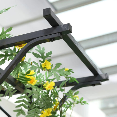 Close-up of 82 Inch Metal Garden Trellis Arch With Durable Steel Tubing And Elegant Scrollwork, Weather Resistant Gray Finish.