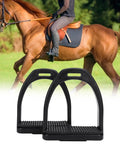 Rider on horse with two pack plastic western stirrups with grippy rubber mats shown in foreground for secure riding experience.