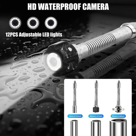 Badass 100 Foot Sewer Camera With A Big 9 Inch 1080p Screen And 512hz Wire Locator showing adjustable LED lights and waterproof design.
