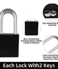 Five Pack Outdoor Aluminum Padlock Set Weatherproof Heavy Duty Locks for Storage and Lockout Kits shown with key close-up and features
