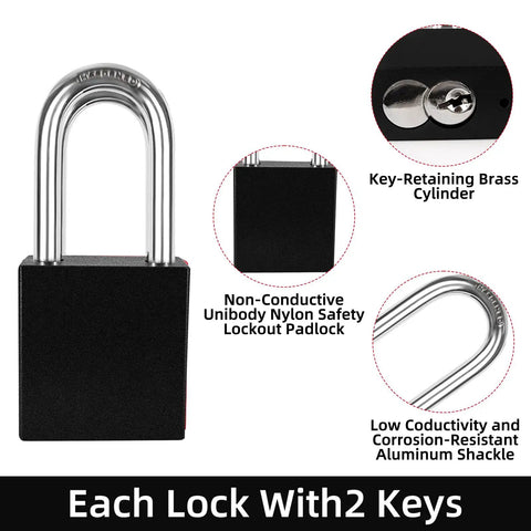 Five Pack Outdoor Aluminum Padlock Set Weatherproof Heavy Duty Locks for Storage and Lockout Kits shown with key close-up and features