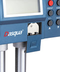 Close-up of Precision 24 Inch Digital Height Gauge With Smooth Rolling Feed Wheel And Hefty Cast Iron Base, showing battery compartment.