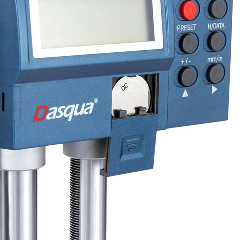 Close-up of Precision 24 Inch Digital Height Gauge With Smooth Rolling Feed Wheel And Hefty Cast Iron Base, showing battery compartment.