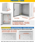 Heavy Duty Electrical Junction Box 16x12x8 Inch IP66 Nema 4X Rated Steel Enclosure dimensions and mounting plate details