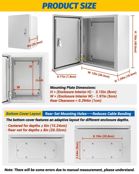 Heavy Duty Electrical Junction Box 16x12x8 Inch IP66 Nema 4X Rated Steel Enclosure dimensions and mounting plate details
