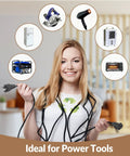 Woman holding Heavy Duty Extension Cord And Power Cable For Indoor Outdoor Use, single outlet, showcasing versatility for appliances.
