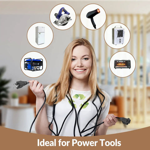Woman holding Heavy Duty Extension Cord And Power Cable For Indoor Outdoor Use, single outlet, showcasing versatility for appliances.