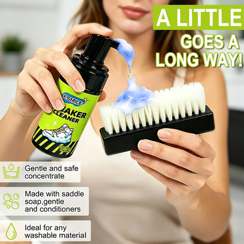 Woman holding brush and bottle from Premium Sneaker Cleaning Kit with foam cleaner for white shoes and all materials