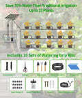 Diagram of 49Ft Solar Drip Irrigation System No Fuss Auto Watering Kit For 15 Pots showcasing components and flow layout for gardens