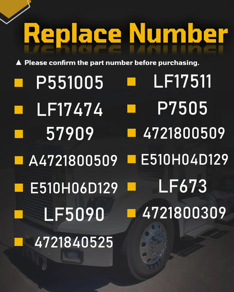 Part number list for 6 Piece Oil And Lube Filter Set For Freightliner And Western Star Trucks Fits 114SD 122SD Cascadia L6 Engines