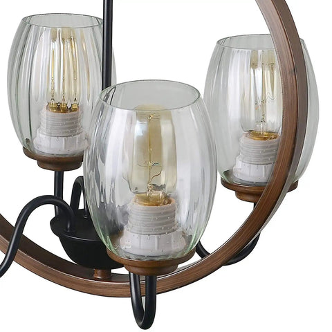 Close-up of glass bulbs on Rectangular Wood And Metal Chandelier With Rustic Kitchen Island Pendant Light, black finish