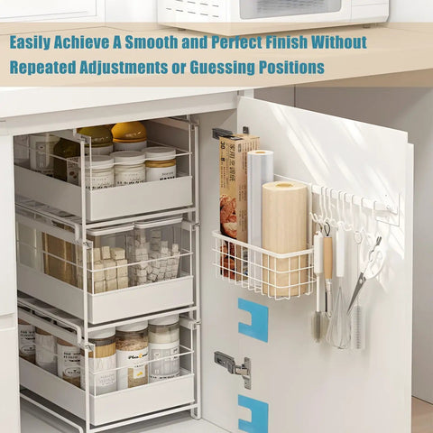 Open cabinet showcasing internal organizer with shelves and utensils, highlighting the use of self clamping hinge jig with magnetic lock.