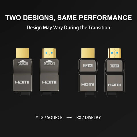 Two designs of Badass Detachable Full Fiber Optic HDMI 2.1 Cable featuring tough armored jacket, showcasing display and source ends.