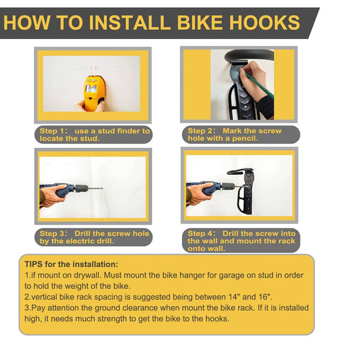 Installation steps for 4 Pack Wall Mounted Bike Hooks Heavy Duty Vertical Hangers For Indoor Garage Storage Up To 60 Pounds Easy Screw In Install