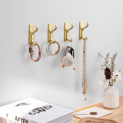 Heavy Duty Adhesive Wall Hooks For Bathroom Towels And Outerwear, Drill Free Stick On Mounts With Nasty Strong Grip, Rust Proof Gold Plating, Four Pack Home Upgrade