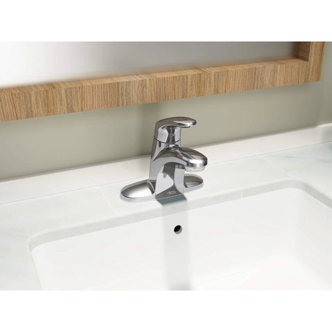 Colony Pro Single-Handle Centerset Bathroom Faucet With Durable Metal Construction Easy One-Person Install Memory Temperature Valve For Consistent Water Temperature Polished Chrome Finish Drain Not Included installed on a white bathroom sink