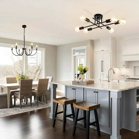 Kitchen with 6 Lights Semi Flush Mount Modern Ceiling Light Fixture With Industrial Black Metal Sputnik Chandelier